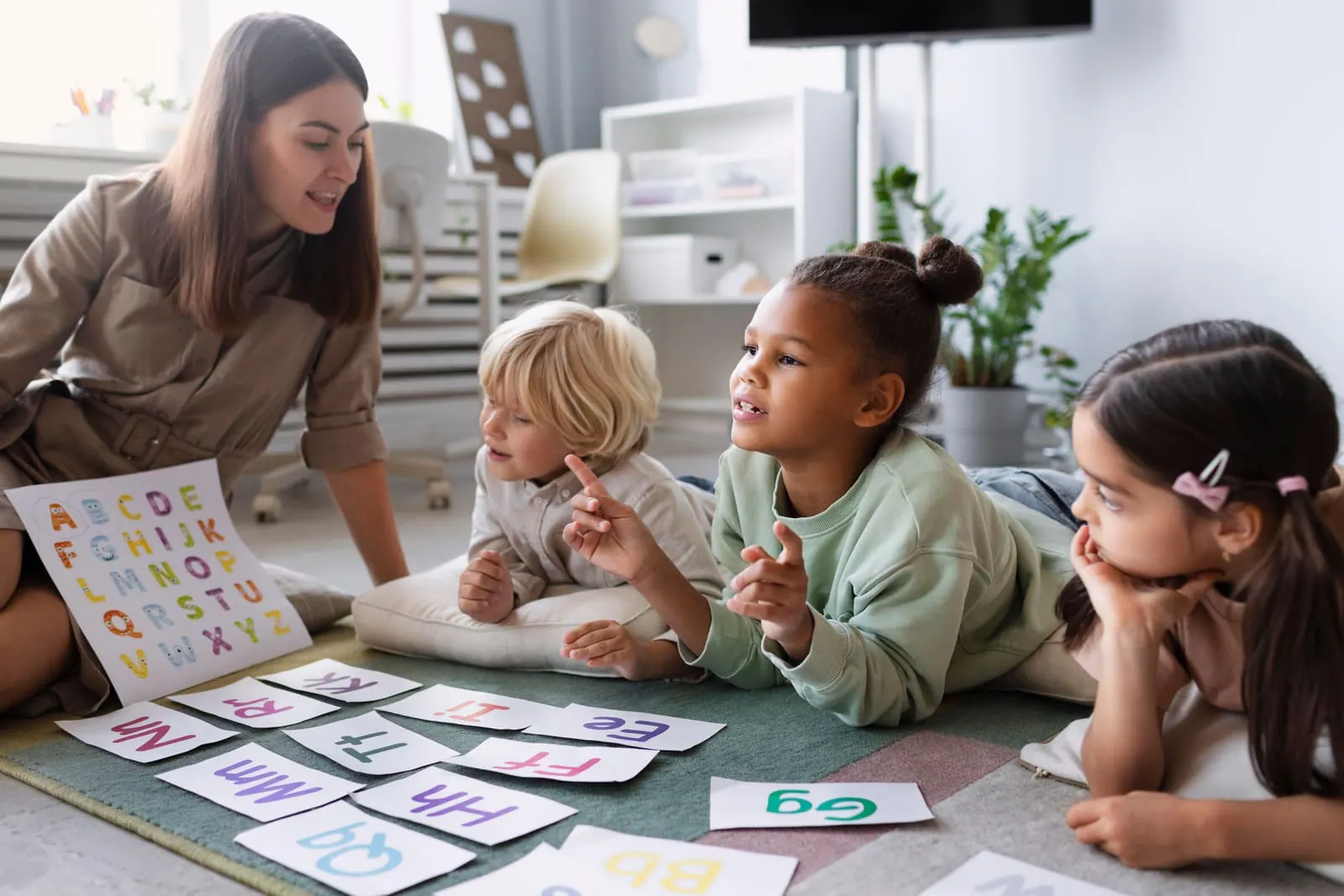 A teacher playing a letter-card game with young children on the floor