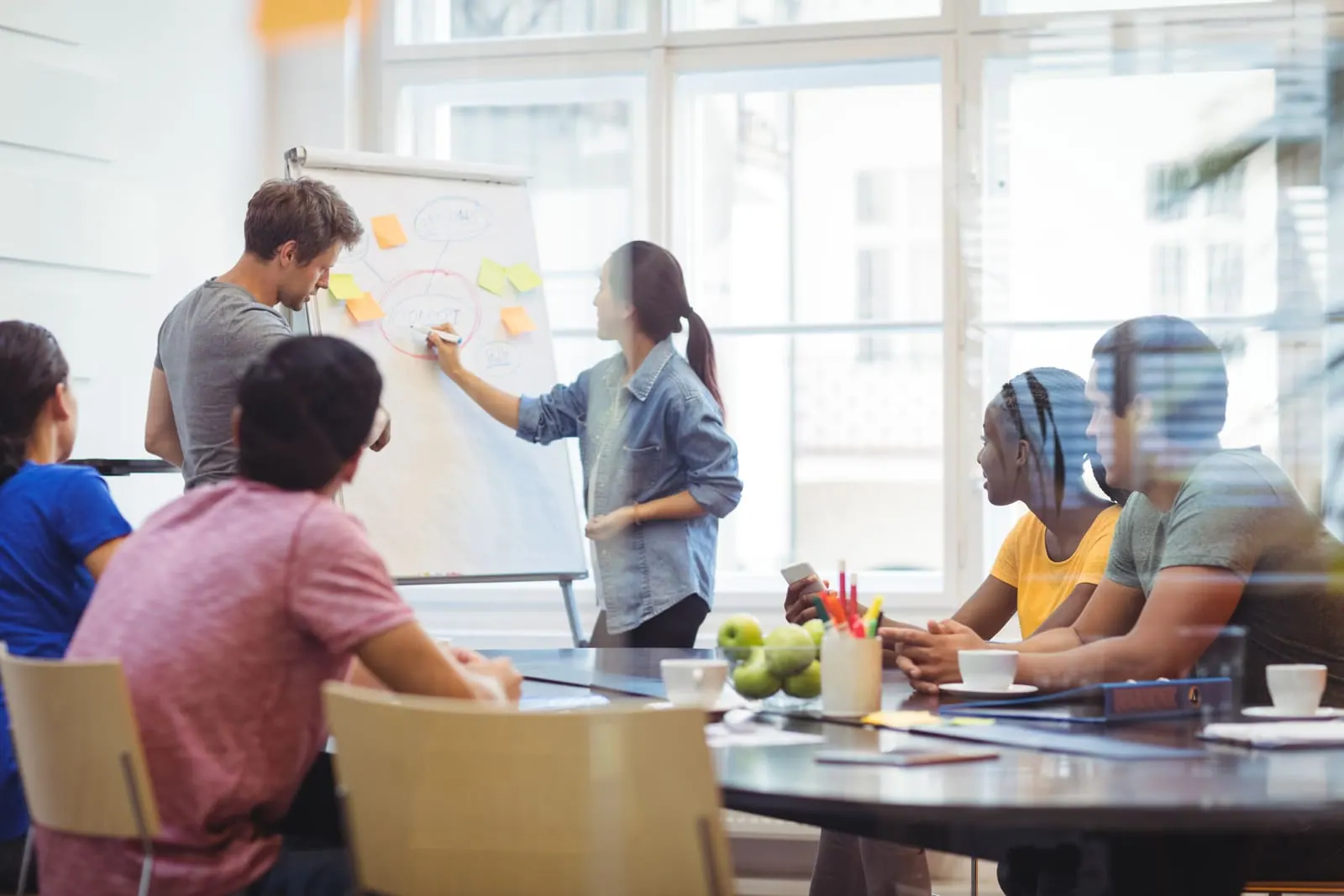 Educators planning together at a whiteboard in a classroom